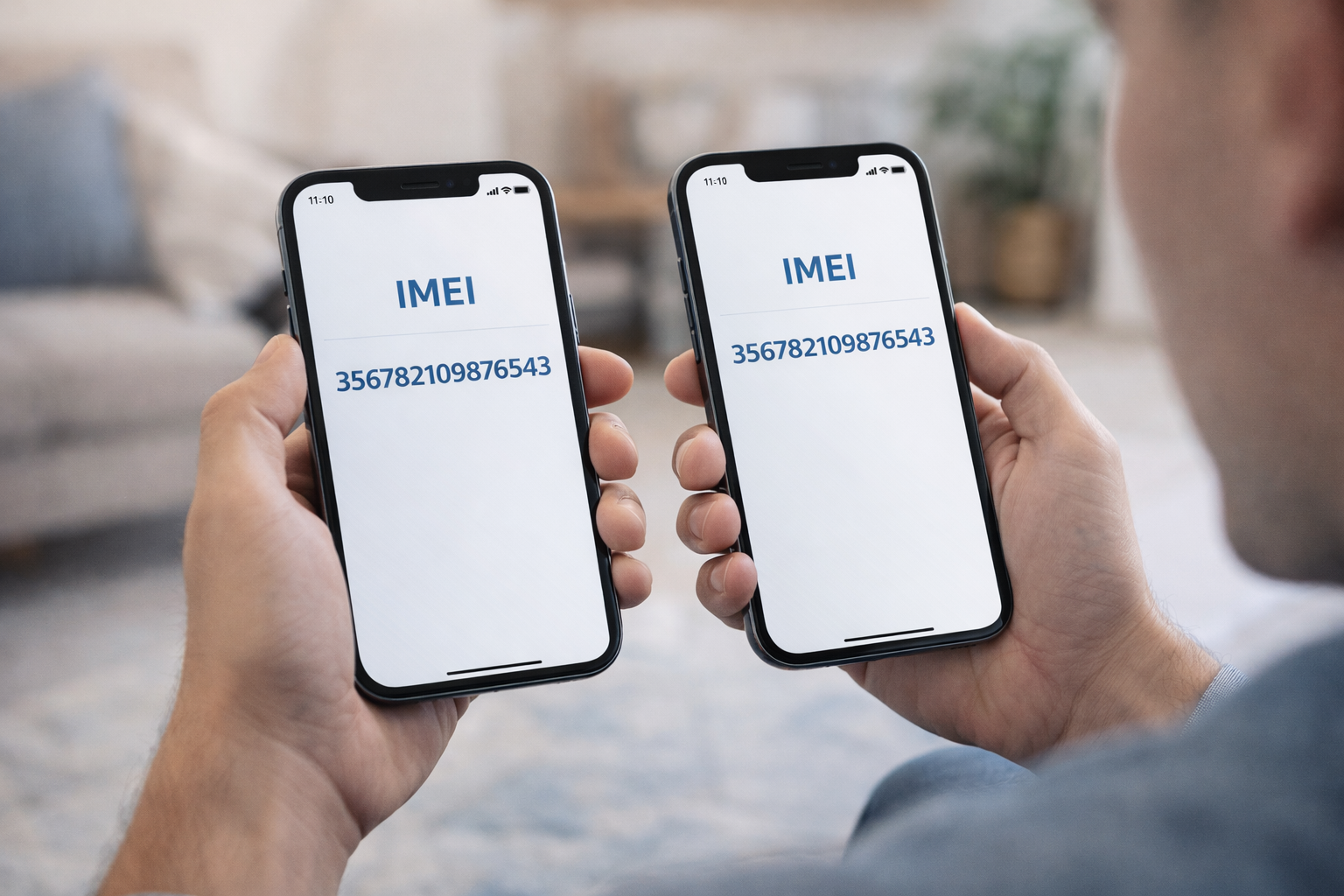 person comparing two smartphones checking IMEI numbers